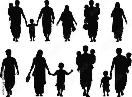 Diverse family silhouettes walking together holding hands representing unity and connection across generations