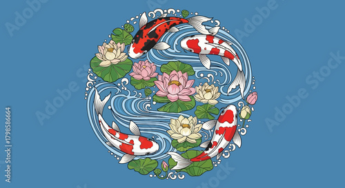 Captivating koi fish art illustration with water lilies and serene blue background