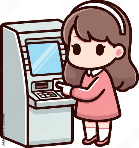 ATMを操作する女性のイラスト