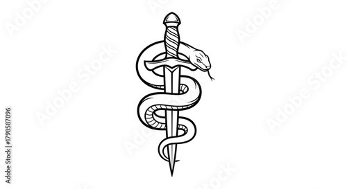 Stylized snake entwined around a sword, emblem for strength and cunning design element