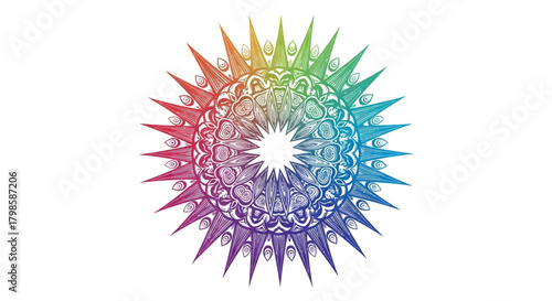 Radiant chromatic mandala design, featuring symmetrical patterns and vibrant spectrum transitions