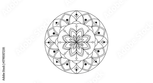 Detailed circular symmetrical design evokes tranquility and spiritual harmony offering a calming