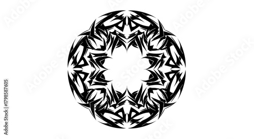 Monochrome mandala design with sharp edges, a captivating blend of abstraction and intricacy