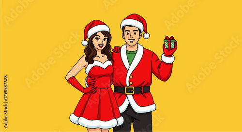 Flat vector illustration of a happy couple wearing party dresses and Santa hats posing cheerfully on a bright background, ideal for Christmas marketing, holiday invitations, or seasonal promotions
