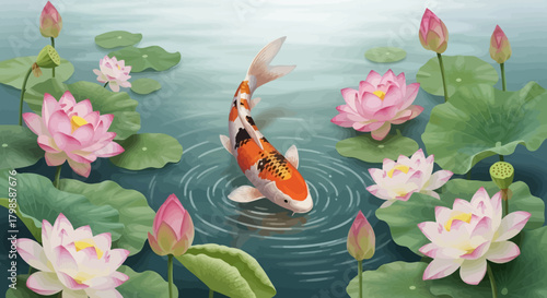 Graceful koi in tranquil pond amidst lotus blooms, vibrant aquatic nature illustration