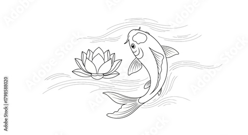 Elegant black and white depiction of a koi fish swimming beside a serene lotus flower
