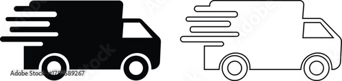 Delivery truck flat and outline icon set. Featuring fast shipping vehicles, cargo transport symbol, logistic service and express transportation vectors for business, freight and distribution concepts.