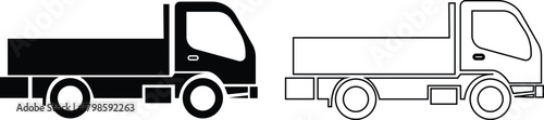 Delivery truck flat and outline icon set. Featuring fast shipping vehicles, cargo transport symbol, logistic service and express transportation vectors for business, freight and distribution concepts.