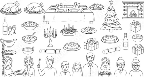 Christmas Holiday Feast Doodles Set: Line Art Icons of Family, Food, Decorations, and Festivities for Dinner Celebration