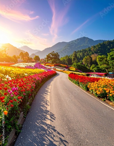 春の花祭り、色とりどりの花に囲まれた道