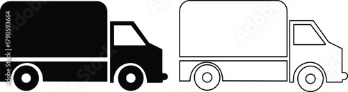 Delivery truck flat and outline icon set. Featuring fast shipping vehicles, cargo transport symbol, logistic service and express transportation vectors for business, freight and distribution concepts.