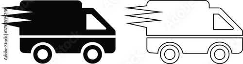 Delivery truck flat and outline icon set. Featuring fast shipping vehicles, cargo transport symbol, logistic service and express transportation vectors for business, freight and distribution concepts.