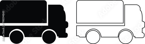 Delivery truck flat and outline icon set. Featuring fast shipping vehicles, cargo transport symbol, logistic service and express transportation vectors for business, freight and distribution concepts.