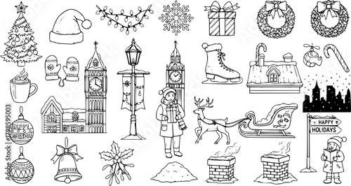 Hand-Drawn Christmas  Winter Holiday Doodle Icons Set: Festive Elements Collection with Tree, Santa Hat, Reindeer, Sleigh, Snow, Buildings, Skates,  Gifts