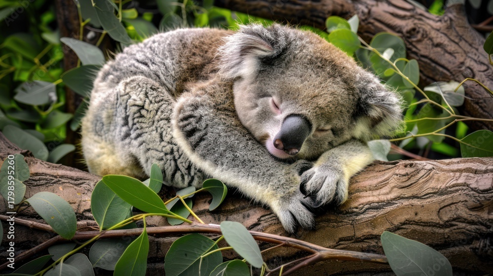 Fototapeta premium Koala Bear Sleeping on Tree Branch in Green Foliage