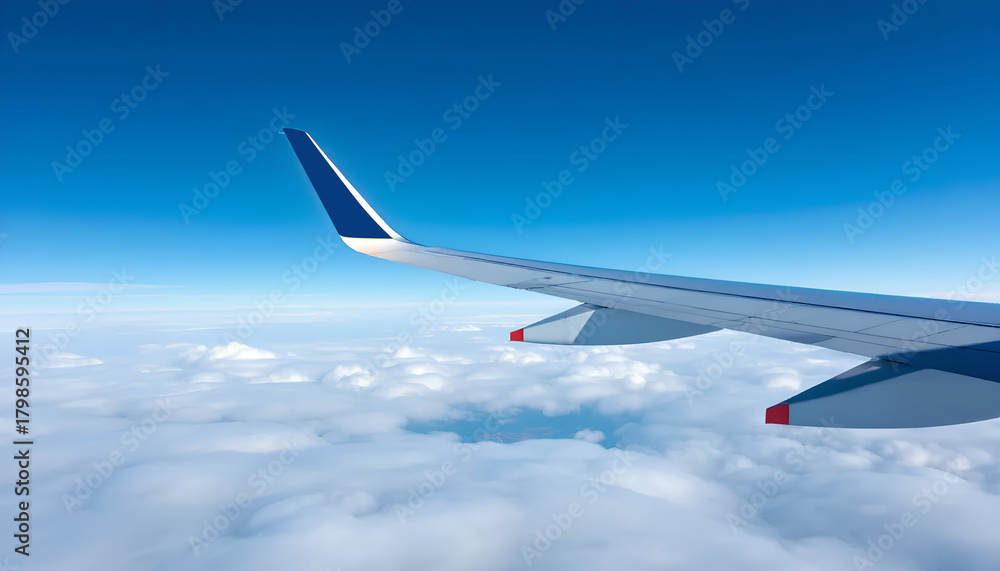Fototapeta premium Airplane Window View. Airplane Wing Flying Above the Clouds and Blue Sky.