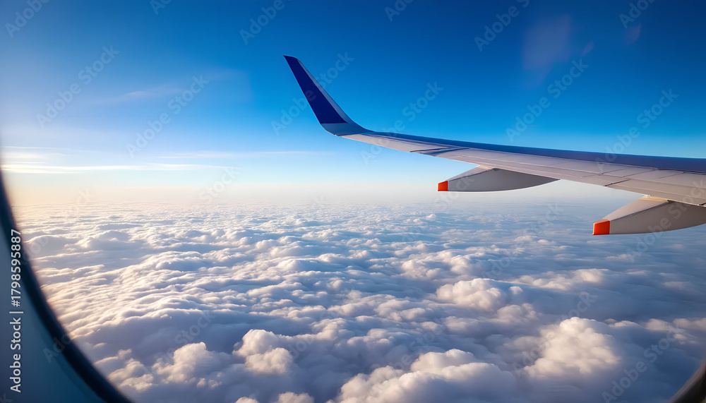 Fototapeta premium Airplane Window Perspective with the Wing Above the Clouds