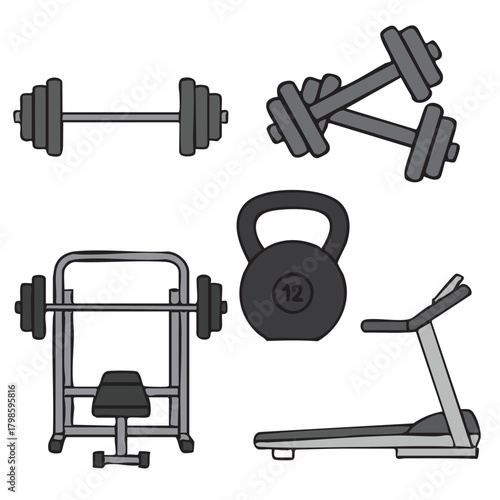 a set of gym icons containing dumbbells and other gym equipment