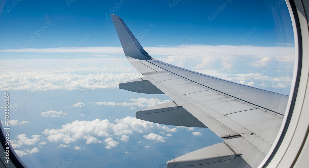 Fototapeta premium Airplane Window View with the Wing Flying Above the Clouds and Blue Sky