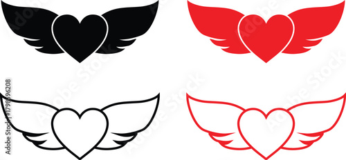 Set of winged heart vector illustrations