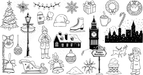 Black  White Christmas Holiday Doodles: Festive Season Illustrations