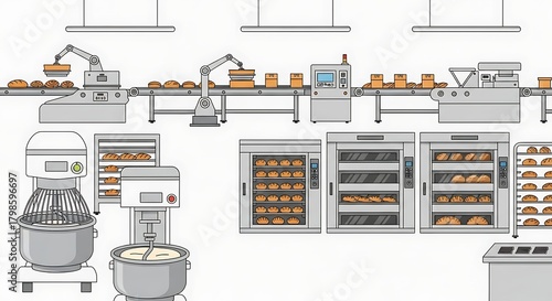 Bakery Production Line - Automated Bread Making Process Illustration.