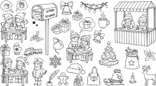 Christmas holiday doodles set for coloring, featuring kids writing Santa letters, market stall, Xmas tree, gifts, reindeer, and winter elements.