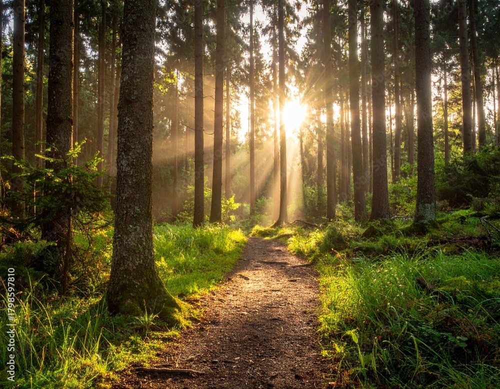 Naklejka premium 森の中で光が差し込む小道、木漏れ日が揺れる自然景観