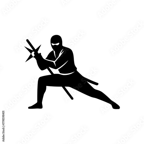 Ninja silhouette in a dynamic action pose, minimalistic vector style on a white background