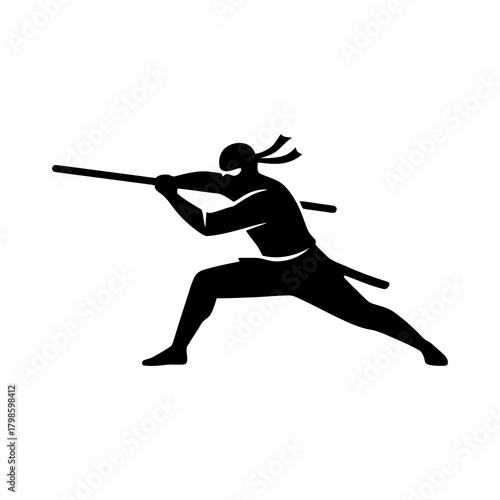 Ninja silhouette in a dynamic action pose, minimalistic vector style on a white background