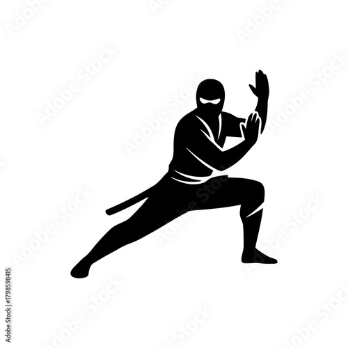 Ninja silhouette in a dynamic action pose, minimalistic vector style on a white background