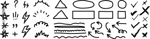 Line mark icon pack. Pencil crayon arrows, cross sign, text quote frames, stars and check emphasis elements for infographic text design. Hand drawn line check mark elements. Vector illustration