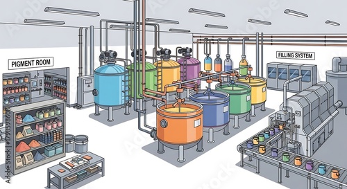 Illustration of a paint manufacturing facility with various tanks and equipment.