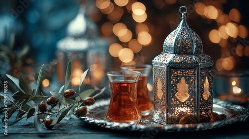 Festive ramadan kareem iftar dinner table with glowing moroccan lanterns, turkish tea glass, olive branch on silver tray, warm golden bokeh lights in background