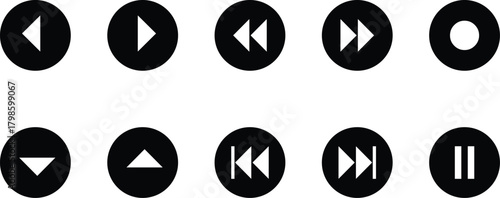 A set of circular media control icons featuring basic symbols.