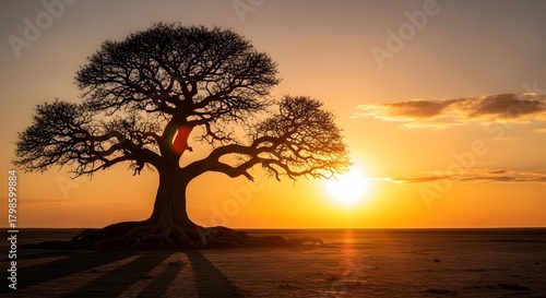 A majestic tree with sprawling branches stands silhouetted against a vibrant sunset sky on a flat landscape