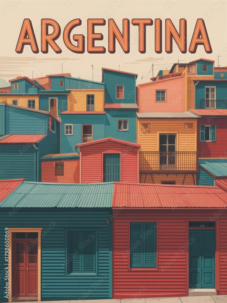 Obraz premium Brightly colored houses fill the view in La Boca, a lively neighborhood in Buenos Aires, Argentina. The charming architecture reflects the rich artistic culture and history of the area.
