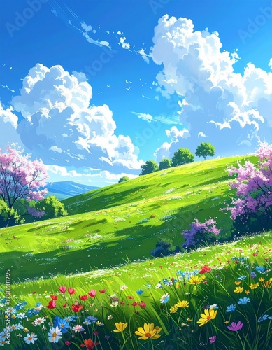 青空と白い雲が広がる丘の上、緑の草原と花が咲き乱れる春の風景