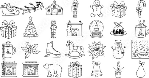 Detailed Christmas Line Art Icons Collection with Santa, Reindeer, Sleigh, Tree, Presents, Snowman, Gingerbread, Nutcracker, Fireplace, Holly, and more. Black and White Outline Doodle Set.