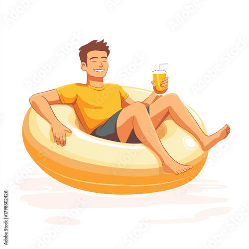 Man relaxing on inflatable ring with drink enjoying summer leisure