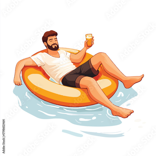 Man relaxing on inflatable ring in water enjoying drink