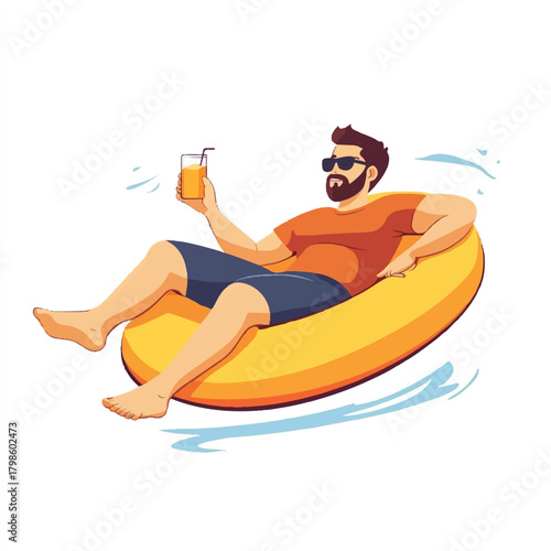  Man Relaxing on Inflatable Tube with Drink