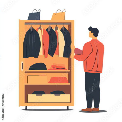  Man selecting clothes from wardrobe choosing outfit for the day fashion and style.