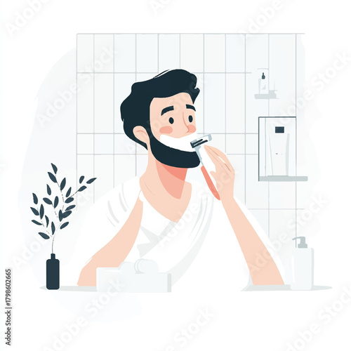 Man shaving his beard with an electric razor in the bathroom