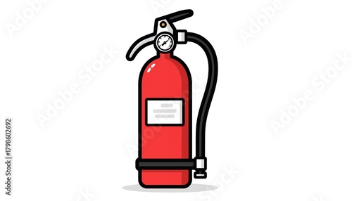 Illustration of a red cartoon fire extinguisher with hose on white.