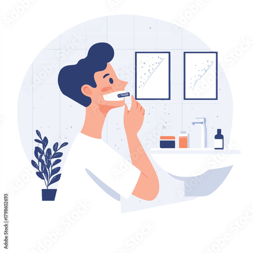  Man shaving his face in the bathroom with a razor.