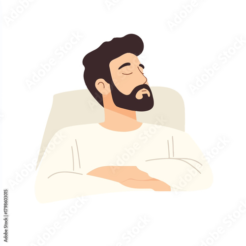 Man sleeping peacefully with eyes closed and hands crossed.