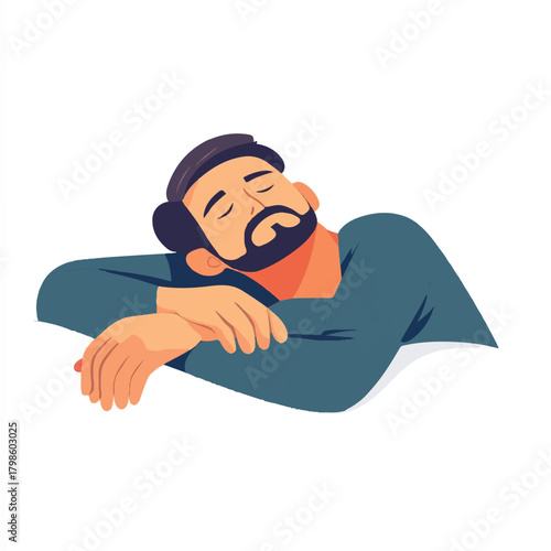  Man sleeping peacefully resting head on arms eyes closed relaxed expression.
