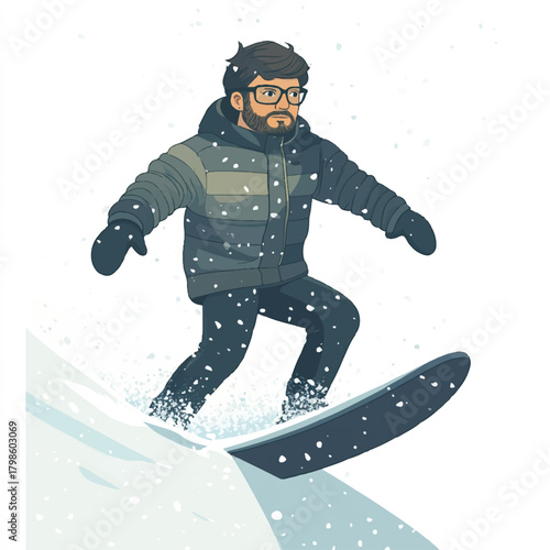  Man snowboarding down a snowy slope wearing glasses and winter clothes