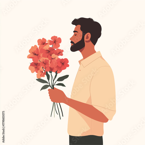 Man smelling a bouquet of orange flowers